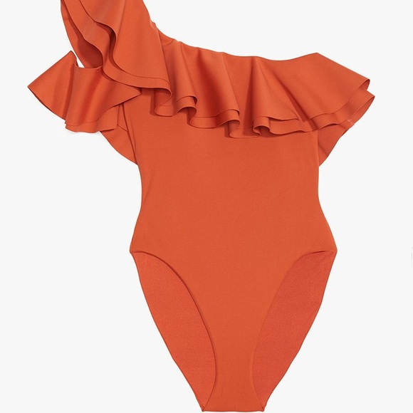 Onia One-Shoulder Ruffle One Piece in Rust - Picture 3 of 5